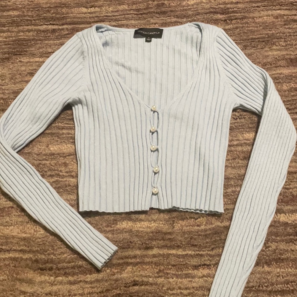 Ruby and Jenna ribbed long sleeve crop with pearl buttons